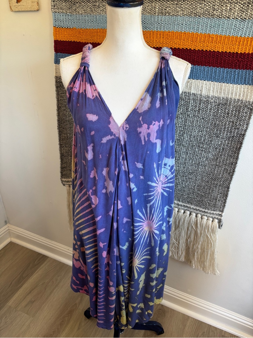 Tie-Dye Purple Midi Dress with Knotted Straps